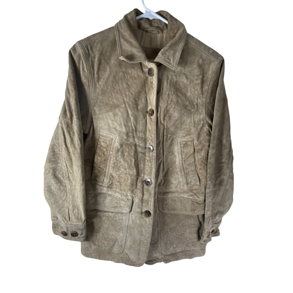 L.L.Bean Leather Coat Womens XS Beige Suede Button Distressed Mid Length